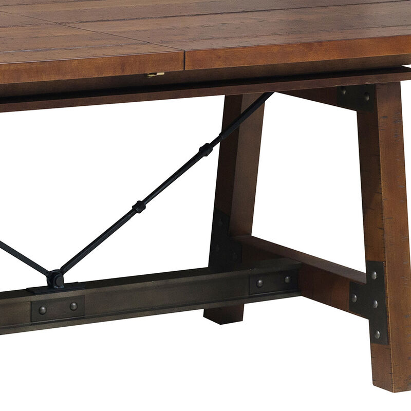 Wooden Dining Table with Extendable Leaf and Block Legs, Brown - Benzara