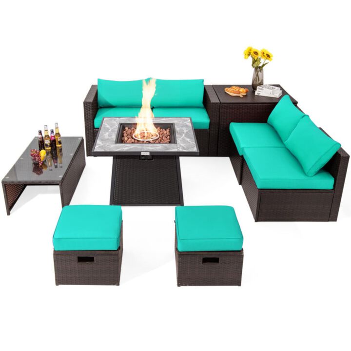 Hivvago 9 Pieces Patio PE Wicker Sectional Set with 50000 BTU Fire Pit Table