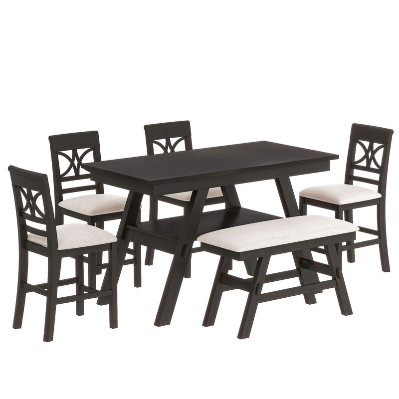 6-Piece Wood Counter Height Dining Table Set with Storage Shelf