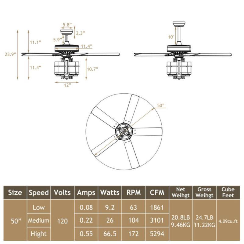 Hivvago 50 Inch Noiseless Ceiling Fan Light with Explosion-proof Glass Lampshades-Black