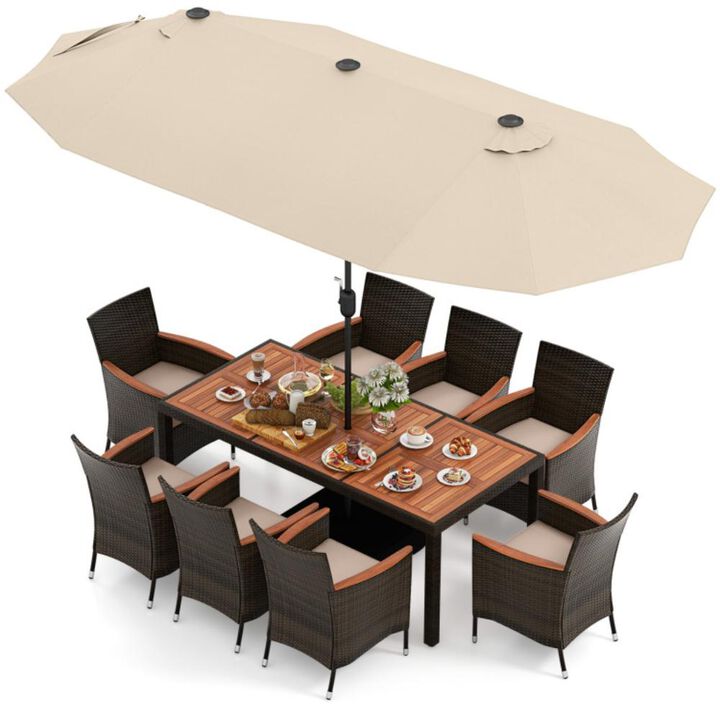 Hivvago 10 Piece Outdoor Dining Set with 15 Feet Double-Sided Twin Patio Umbrella