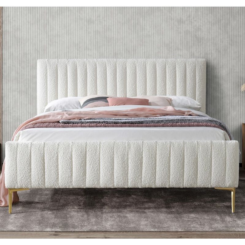Omax Decor Julia Wood and Fabric Upholstered Queen Platform Bed in White Boucle