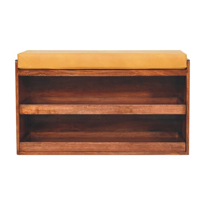 Artisan Furniture Solid Wood, Upholstered Buffalo Hide Pull out Honey Caramel Shoe Storage Bench