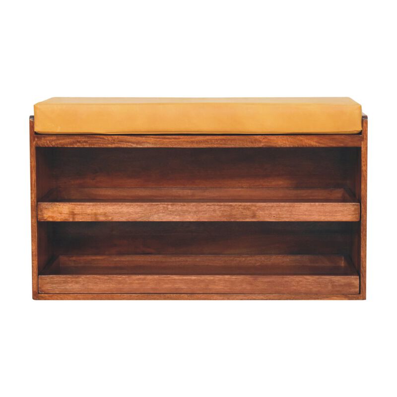 Artisan Furniture Solid Wood, Upholstered Buffalo Hide Pull out Honey Caramel Shoe Storage Bench