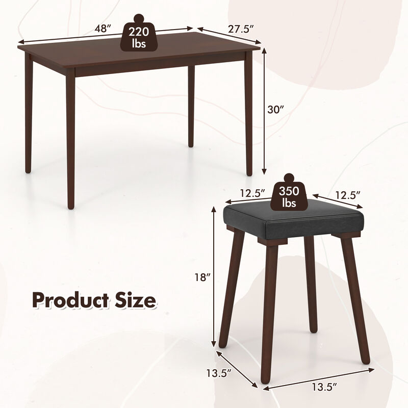 5 Piece Dining Table Set for 4 with 4 Upholstered Stools and Rubber Wood Legs