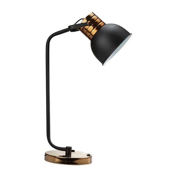 Benjara 24 Inch Table Lamp, Angled Stem, Round Base, Metal, Black, Antique Gold
