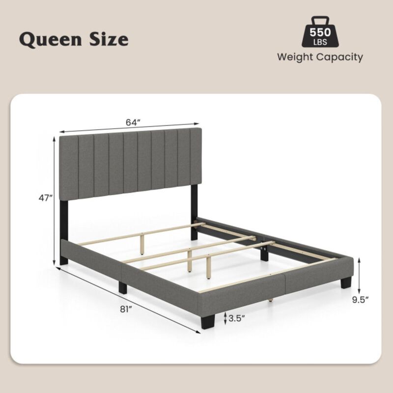 Hivvago Queen Size Upholstered Bed Frame with Vertical Channel Tufted Headboard Gray