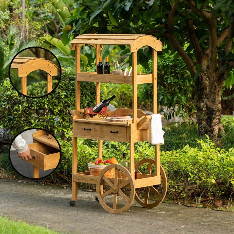 Large Wooden Display Rolling Table with Drawers and Wheels 3 Tier with Shelves for Food and More