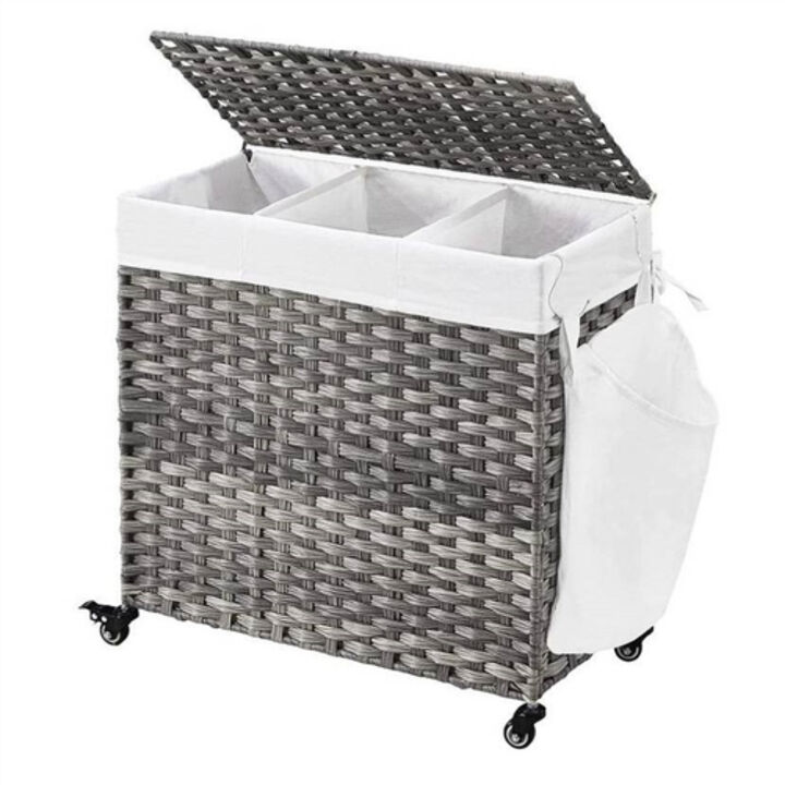 Handwoven PP Rattan 3-Bag Laundry Basket Cart with Cotton Liner on Wheels
