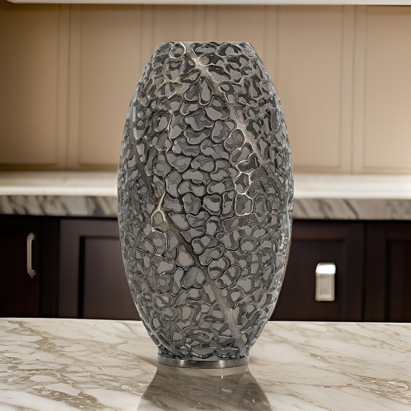 14 Inch Aluminum Accent Vase, Tall Curved Cut Out Design, Intricate Details - Benzara
