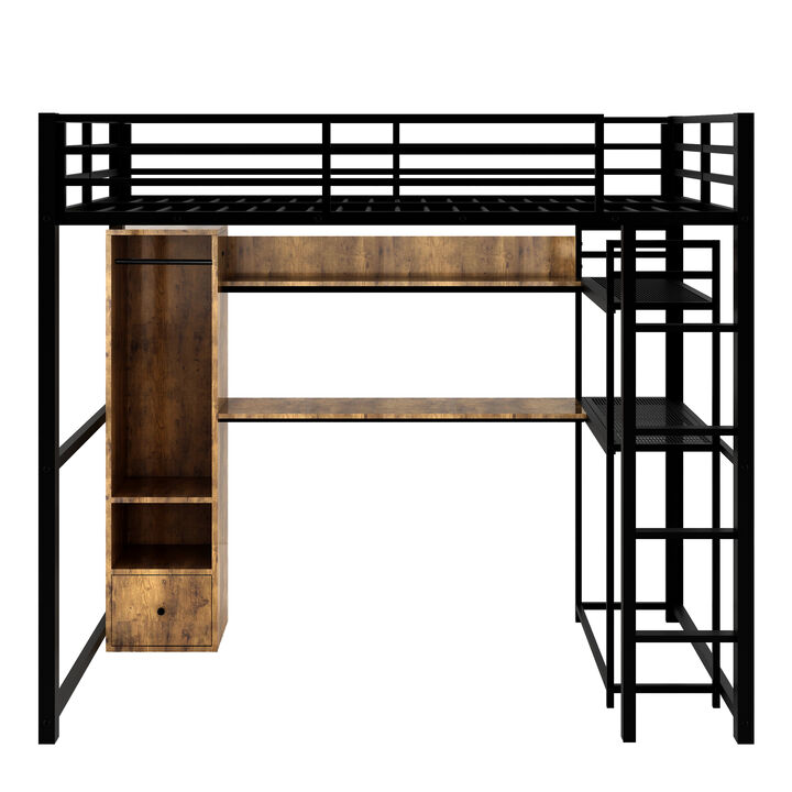 Merax Metal Loft Bed with Built-in Wardrobe