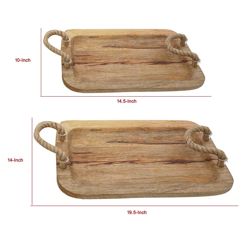 Set of 2 Mango Wood Trays, Twisted Jute Handles, Rustic Brown Texturing - Benzara
