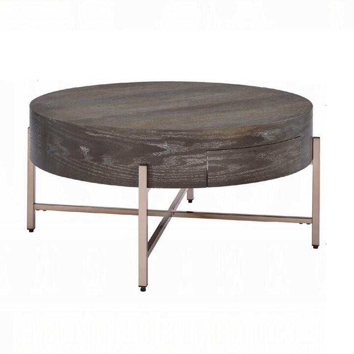1 Drawer Round Modern Coffee Table with Crossed Metal Legs, Brown and Gold-Benzara