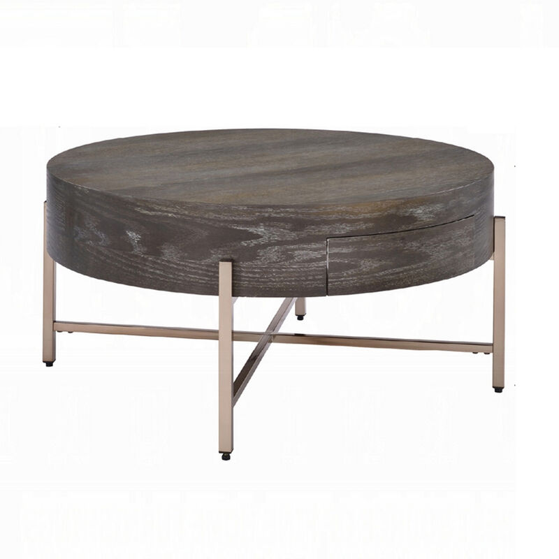 1 Drawer Round Modern Coffee Table with Crossed Metal Legs, Brown and Gold-Benzara