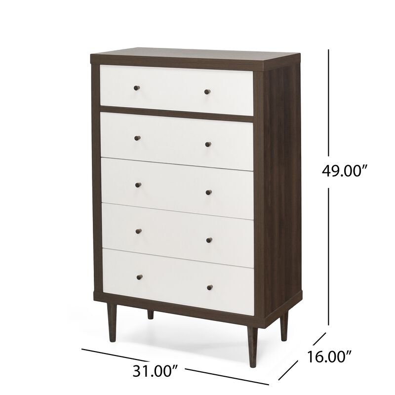 Minie Tall Dresser Chest, 4 Drawers, Rubberwood White, Walnut Brown - Benzara
