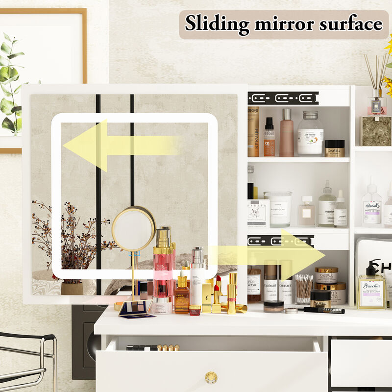 White Makeup Vanity Set Dressing Table with Sliding LED Lighted Mirror Power Strip and Hair Dryer Holder, Drawers, Stool