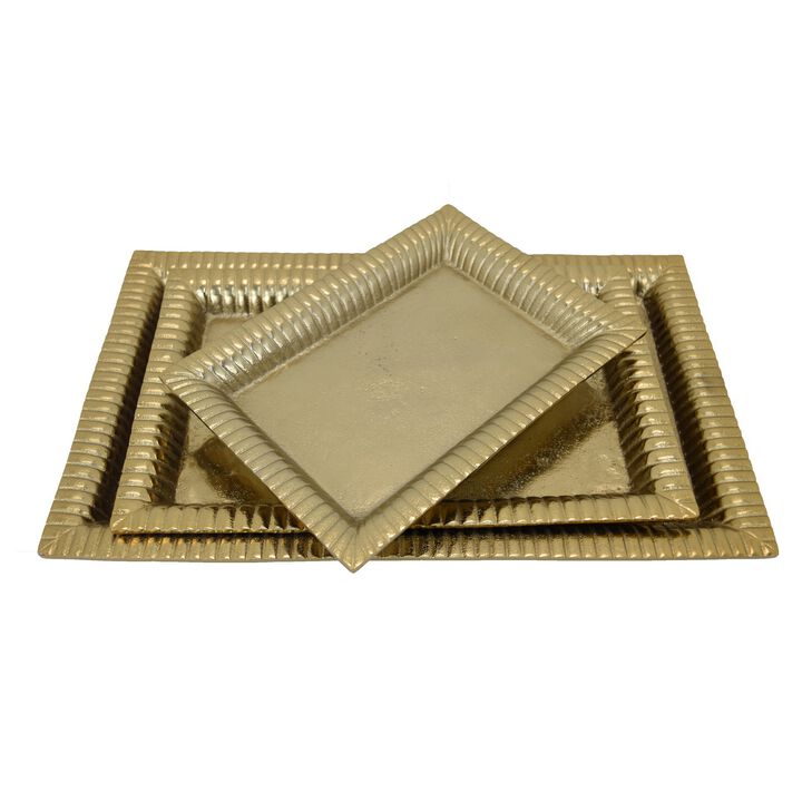Nancy Tray Set of 3, Wavy Edges, Golden Metal Frames, Rectangular - Benzara