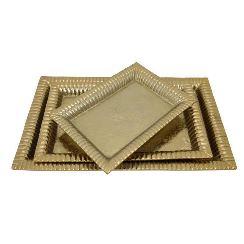 Nancy Tray Set of 3, Wavy Edges, Golden Metal Frames, Rectangular - Benzara