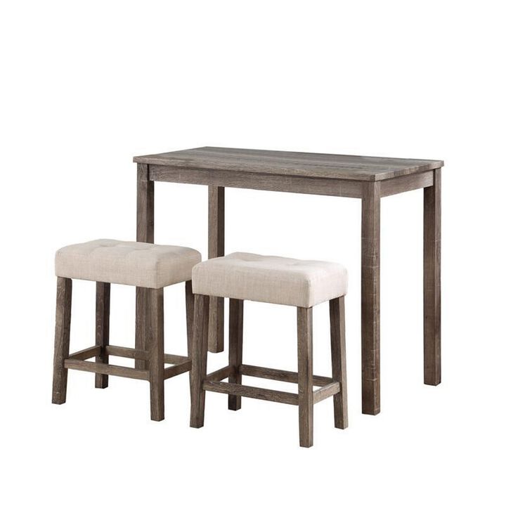 Cora 3 Piece Counter Height Table Set, Deep Tufted Stools, Brown, Beige-Benzara