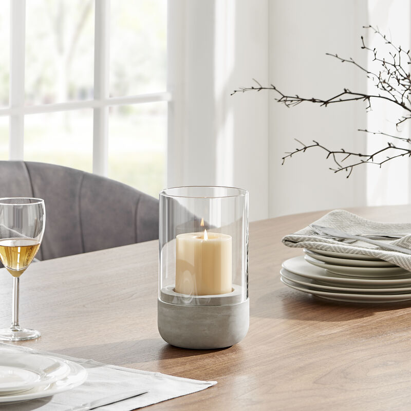 Danya B. Modern Cool Gray Cement Base and Glass Pillar Candle Holder