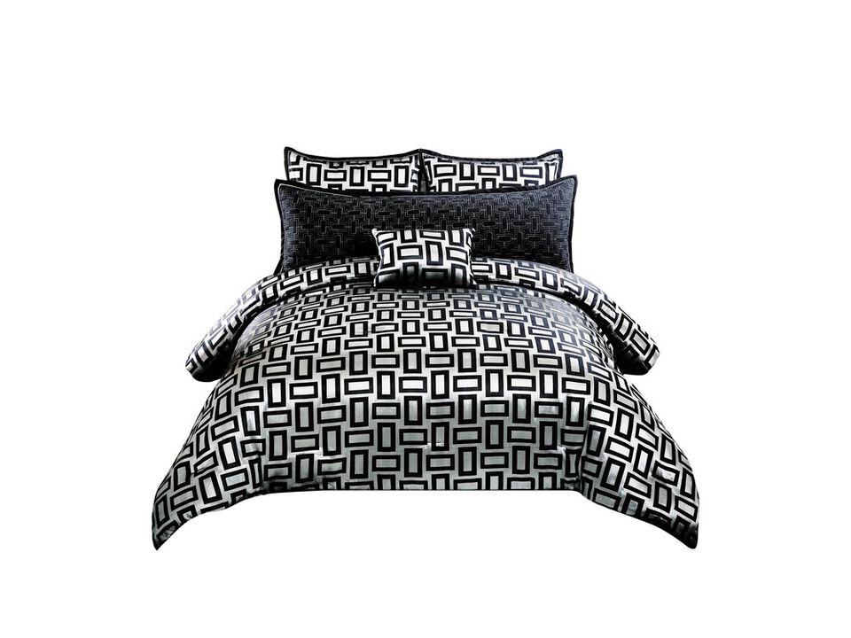 6 Piece Polyester Queen Comforter Set with Geometric Print, Gray and Black - Benzara