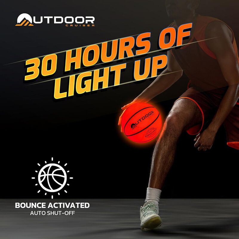 Outdoor Cruiser Light Up Basketball - Waterproof Rubber Construction, Glow in the Dark, Glows Up to 30 Hrs with Tap Activation, Complete Set with Pump & Spare Batteries, Official Size 7, For Ages 8-15
