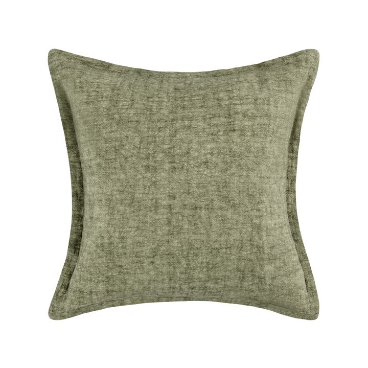 Pixie Throw Pillow, Self Flange, 22 Inch Green Cotton Linen Blend - Benzara
