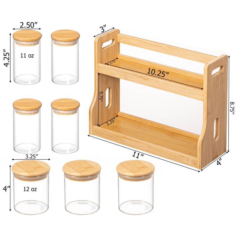 Basicwise Versatile 2-Tier Bamboo Spice Rack and Pantry Organizer with 7 Glass Jars – Perfect for Countertop Storage in Kitchens to Keep  Seasoning Containers Neatly Displayed and Easily Accessible