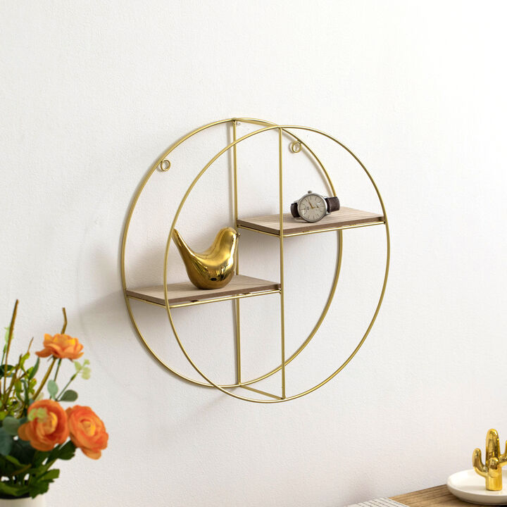 Vintiquewise Elegant 2-Tier Decorative Floating Circular Silhouette Wall Shelf - Circular Metal and Wood Wall-Mounted Shelf for Entryway, Bathroom, Bedroom, and Living Room Decor, Gold Finish