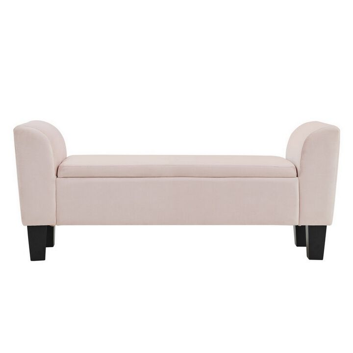 Cesar 55 Inch Ottoman Bench with Storage, Padded, Curved Arms, Pink Velvet-Benzara