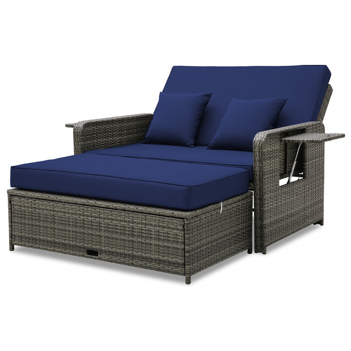 Wicker Loveseat Sofa with Multipurpose Ottoman and Retractable Side Tray