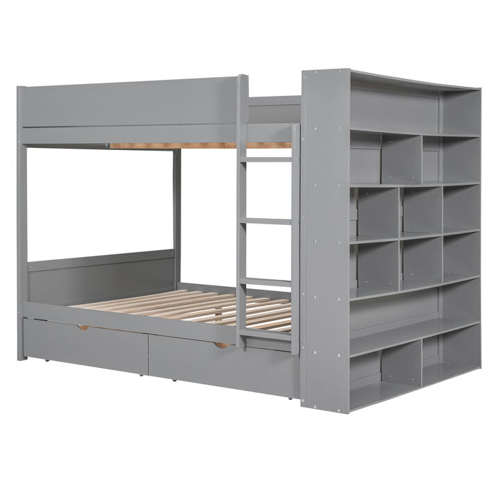 Full Over Full Bunk Bed With 2 Drawers And Multilayer Cabinet