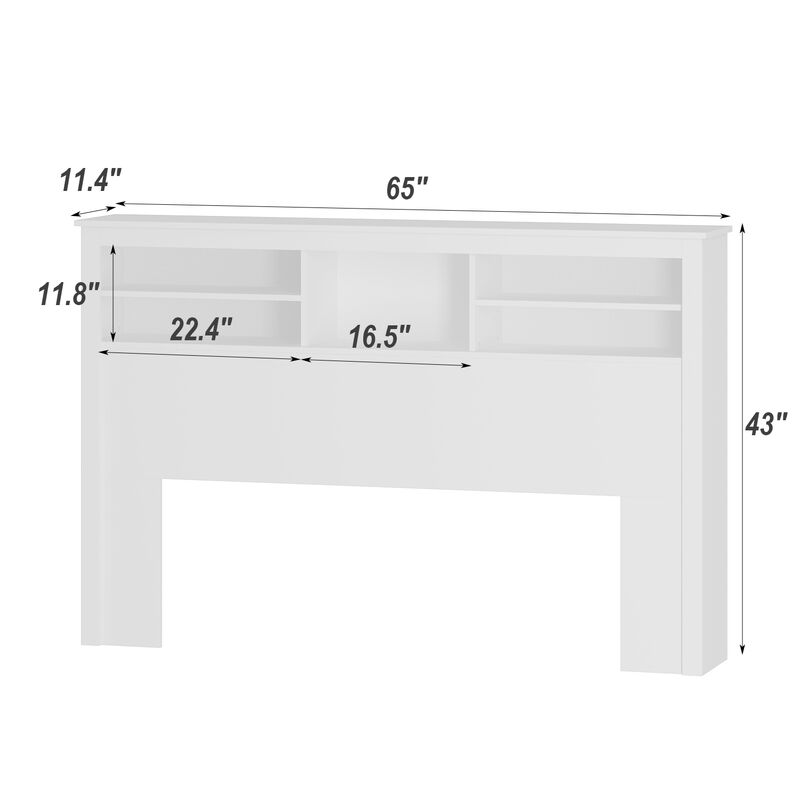 Full Queen White Wood Headboard Shelf With 5-Shelves and LED Lights