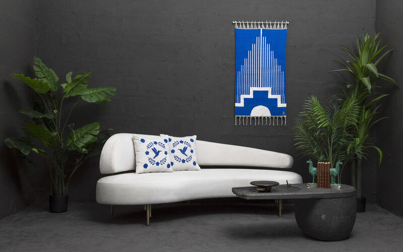 CENTRO Sheep Wool Handwoven Tapestry, Aged Bronze Wall Mount, Lapis Blue & Ivory