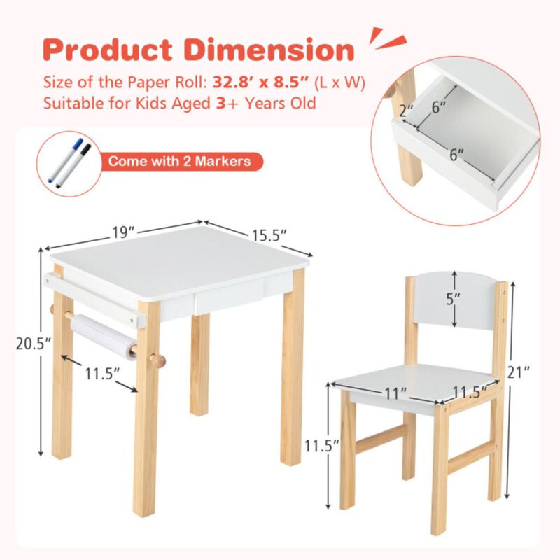 Hivvago Kids Art Table and Chair Set with Drawer Paper Roll and 2 Markers-White