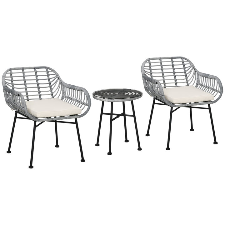 3-Piece Rattan Bistro Outdoor Table & Chairs Furniture Patio Set, Garden, Grey