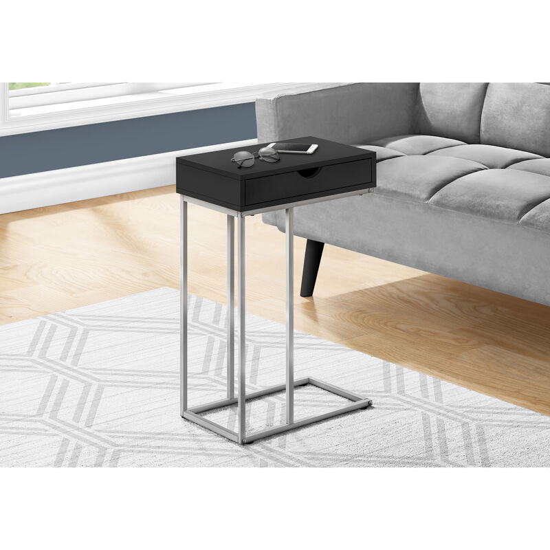 Monarch Specialties I 3773 Accent Table, C-shaped, End, Side, Snack, Storage Drawer, Living Room, Bedroom, Metal, Laminate, Black, Grey, Contemporary, Modern