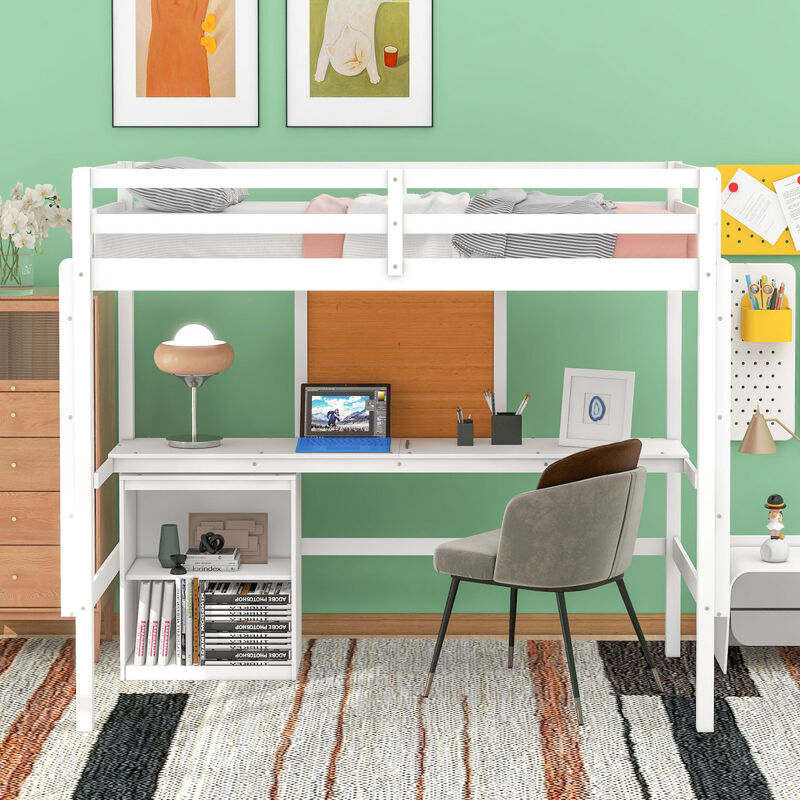 Twin Size Loft Bed With Desk And Writing Board, Wooden Loft Bed With Desk & 2 Drawers Cabinet