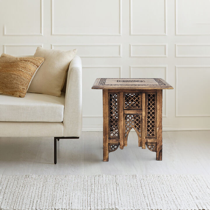 21 Inch Boho Side End Table, Floral Carved Details, Foldable Panel Legs, Natural Walnut Brown - Benzara