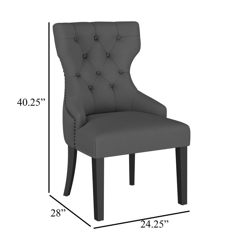 Aney Dining Side Chair, Curved Barrel Design, Gray Fabric, Black Wood - Benzara