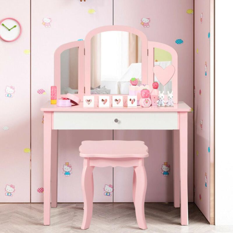 Hivvago Kids Princess Make Up Dressing Table with Tri-folding Mirror and Chair-Pink