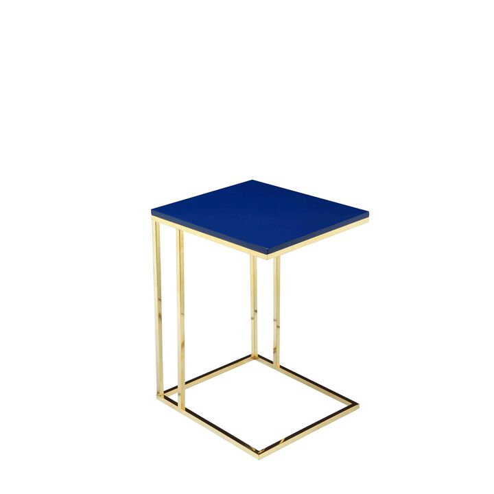 Zen Side End Table, C Shape Gold Base, Navy Blue Lacquer Top - Benzara