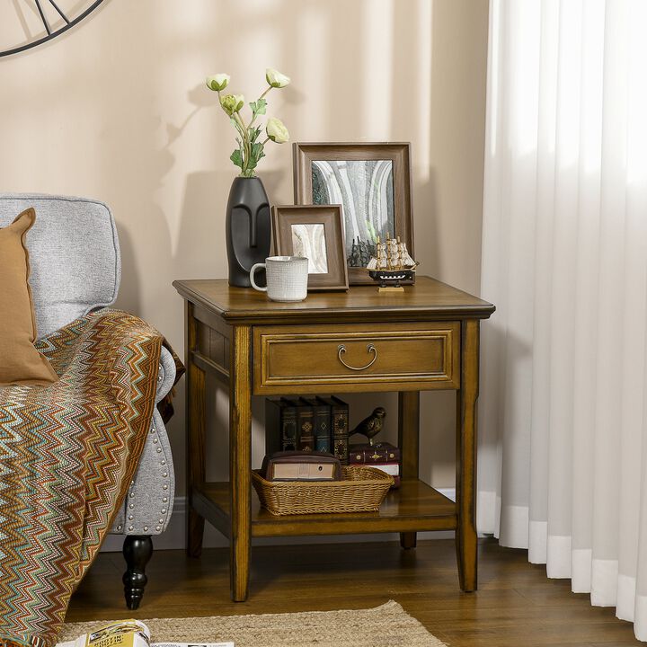 Dark Coffee Side Table: Retro End Table with Drawer & Open Shelf