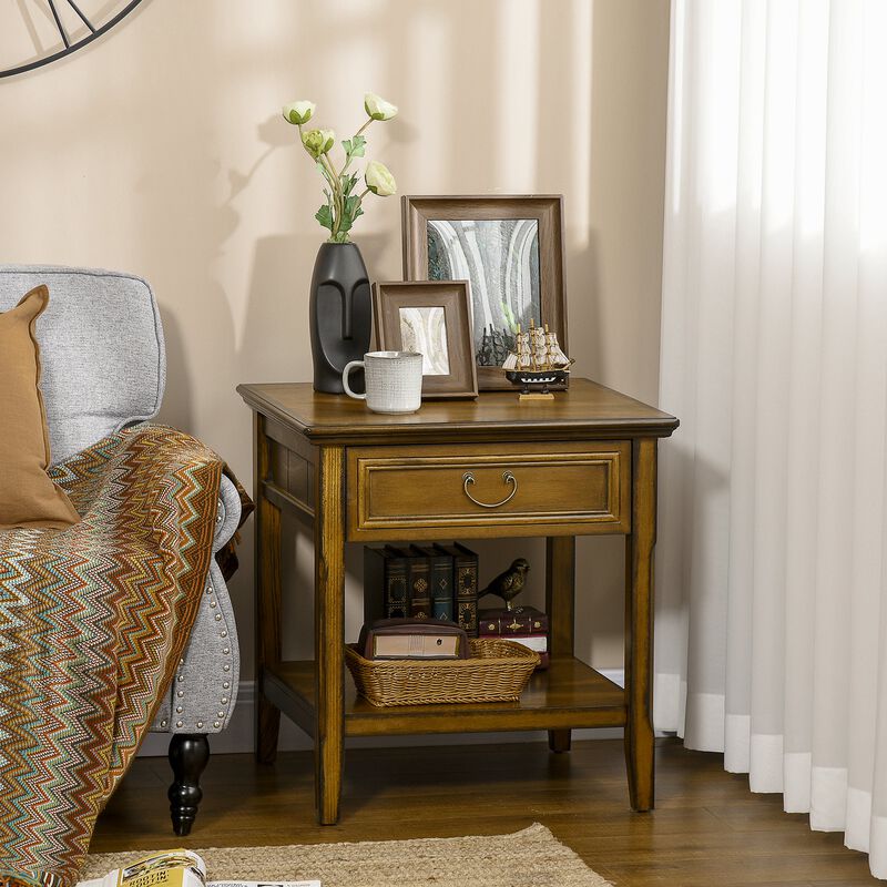 Dark Coffee Side Table: Retro End Table with Drawer & Open Shelf