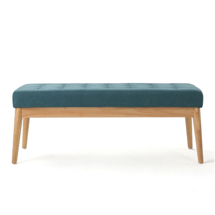 Gisa Ottoman Bench, Teal Blue Fabric Tufted Seat, 44 Inch Brown Wood -Benzara