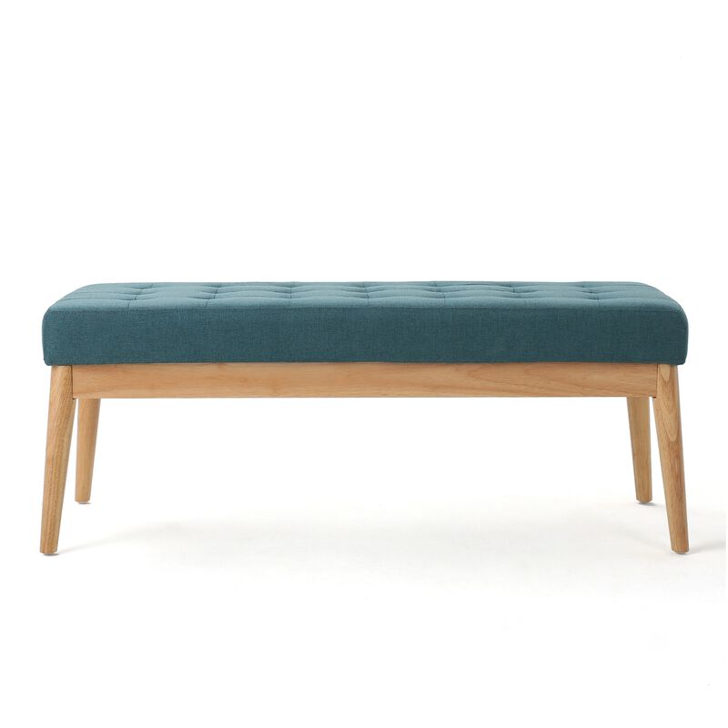 Gisa Ottoman Bench, Teal Blue Fabric Tufted Seat, 44 Inch Brown Wood -Benzara