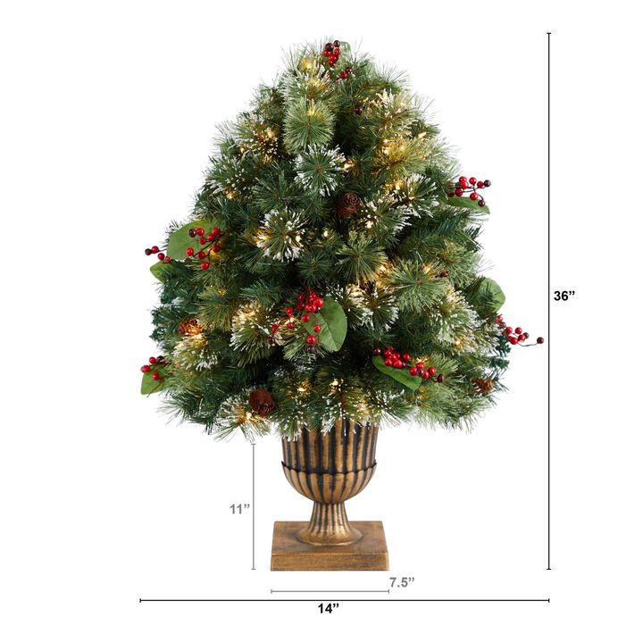 Hivvago 3 Feet Holiday Pre-Lit Snow Tip Greenery, Berries and Pinecones Artificial Christmas Plant in Urn with 100 LED Lights, Indoor Outdoor Patio Porch Decor