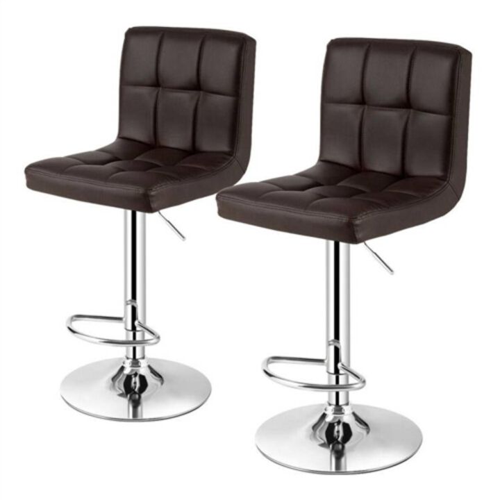 Hivvago Set of 2 Modern Adjustable Height Barstools with Brown PU Leather Swivel Seat