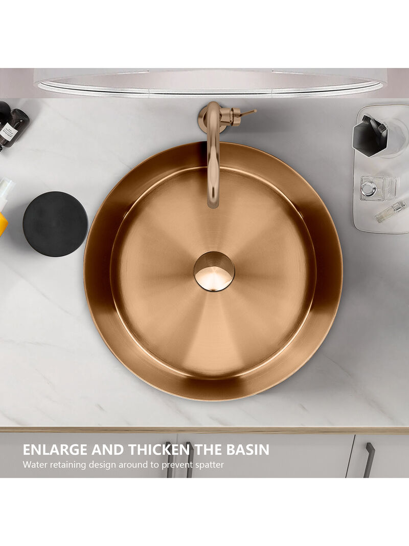 Stainless Steel Bathroom Sink with Mounting Ring & Pop-Up Drain Round Bowl Basin Rose Gold