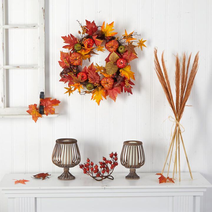 Hivvago 24" Autumn Pumpkin and Berries Artificial Fall Wreath